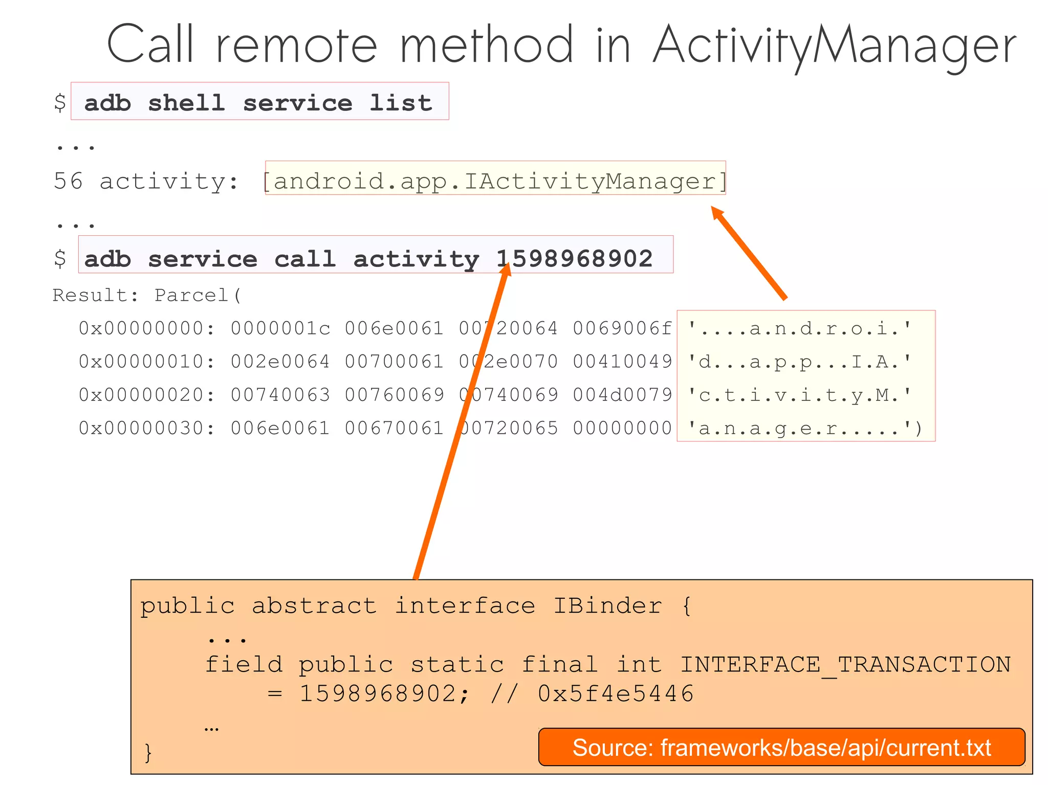 Call remote method in ActivityManager
$ adb shell service list
...
56 activity: [android.app.IActivityManager]
...
$ adb service call activity 1598968902
Result: Parcel(
  0x00000000: 0000001c 006e0061 00720064 0069006f '....a.n.d.r.o.i.'
  0x00000010: 002e0064 00700061 002e0070 00410049 'd...a.p.p...I.A.'
  0x00000020: 00740063 00760069 00740069 004d0079 'c.t.i.v.i.t.y.M.'
  0x00000030: 006e0061 00670061 00720065 00000000 'a.n.a.g.e.r.....')




      public abstract interface IBinder {
          ...
          field public static final int INTERFACE_TRANSACTION
              = 1598968902; // 0x5f4e5446
          …
      }                          Source: frameworks/base/api/current.txt
 