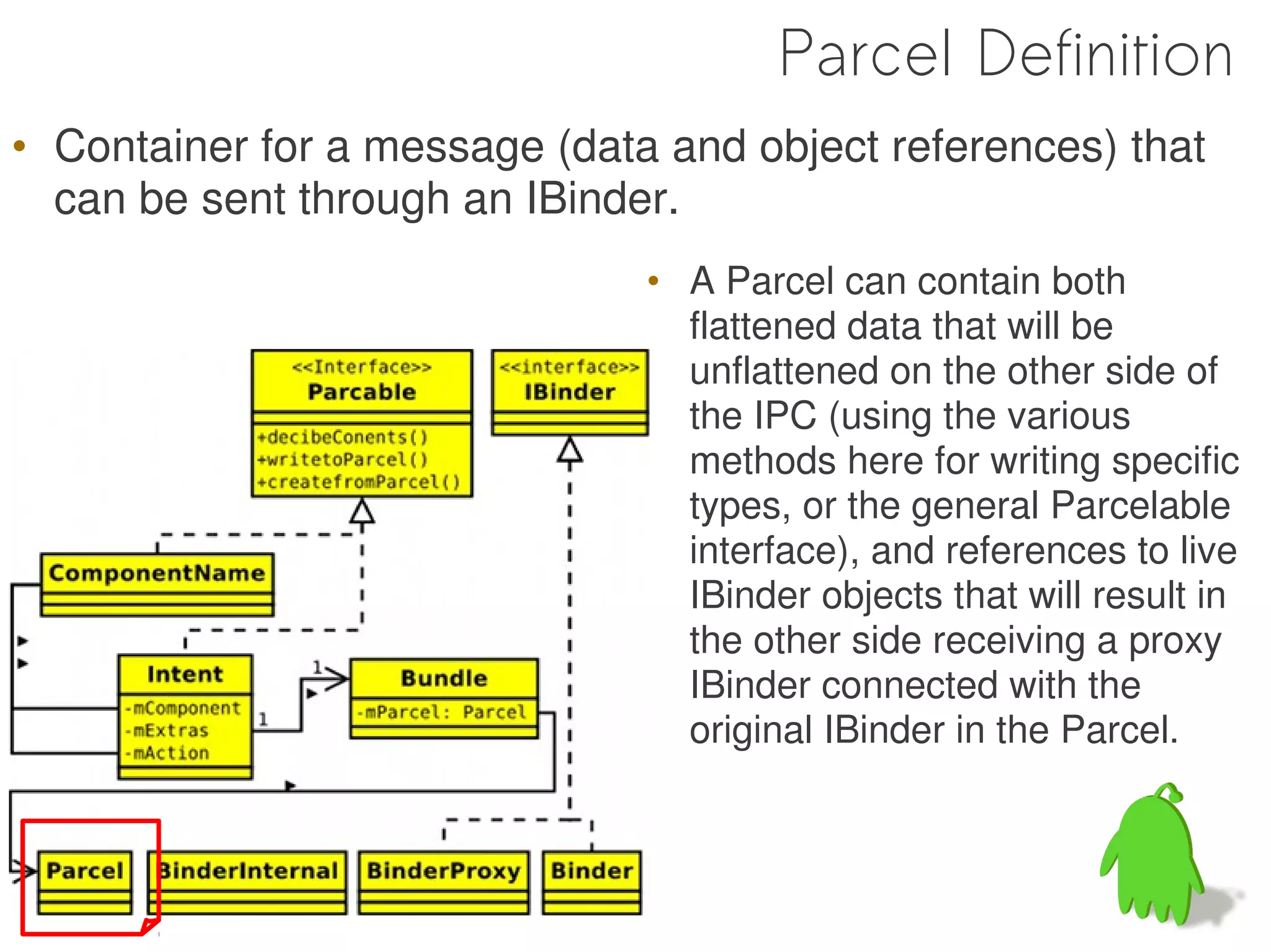 Parcel Definition
• Container for a message (data and object references) that
  can be sent through an IBinder.
                               • A Parcel can contain both
                                 flattened data that will be
                                 unflattened on the other side of
                                 the IPC (using the various
                                 methods here for writing specific
                                 types, or the general Parcelable
                                 interface), and references to live
                                 IBinder objects that will result in
                                 the other side receiving a proxy
                                 IBinder connected with the
                                 original IBinder in the Parcel.
 