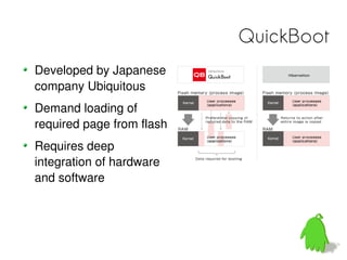 QuickBoot
Developed by Japanese
company Ubiquitous
Demand loading of
required page from flash
Requires deep
integration of hardware
and software
 