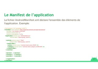 Le Manifest de l’application
Le ﬁchier AndroidManifest.xml déclare l'ensemble des éléments de
l'application. Exemple:
<?xml version="1.0" encoding="utf-8"?>
<manifest xmlns:android="http://schemas.android.com/apk/res/android"
package="com.belatar.monprojet"
android:versionCode="1"
android:versionName="1.0">
<application android:icon="@drawable/icon"
android:label="@string/app_name">
<activity android:name=".Main"
android:label="@string/app_name">
<intent-filter>
<action android:name="android.intent.action.MAIN" />
<category android:name="android.intent.category.LAUNCHER" />
</intent-filter>
</activity>
<service>...</service>
<receiver>...</receiver>
<provider>...</provider>
</application>
</manifest>
21
 