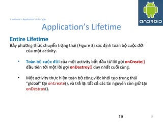 19
3. Android – Application's Life Cycle
Application’s Lifetime
19
Entire Lifetime
B y ph ng th c chuy n tr ng thái (Figure 3) xác đ nh toàn b cu c đ iả ươ ứ ể ạ ị ộ ộ ờ
c a m t activity.ủ ộ
• Toàn b cu c đ iộ ộ ờ c a m t activity b t đ u t l i g iủ ộ ắ ầ ừ ờ ọ onCreate()
đ u tiên t i m t l i g iầ ớ ộ ờ ọ onDestroy() duy nh t cu i cùng.ấ ố
• M t activity th c hi n toàn b công vi c kh i t o tr ng tháiộ ự ệ ộ ệ ở ạ ạ
"global" t iạ onCreate(), và tr l i t t c các tài nguyên còn gi t iả ạ ấ ả ữ ạ
onDestroy().
 