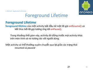 2121
3. Android – Application's Life Cycle
Foreground Lifetime
21
Foreground Lifetime
foreground lifetime c a m t activity b t đ u t m t l i g iủ ộ ắ ầ ừ ộ ờ ọ onResume() và
k t thúc b i l i g i t ng ng t iế ở ờ ọ ươ ứ ớ onPause().
Trong kho ng th i gian này, activity đó đ ng tr c m i activity khácả ờ ứ ướ ọ
trên màn hình và nó t ng tác v i ng i dùng.ươ ớ ườ
M t activity có th th ng xuyên chuy n qua l i gi a các tr ng tháiộ ể ườ ể ạ ữ ạ
resumed và paused
 