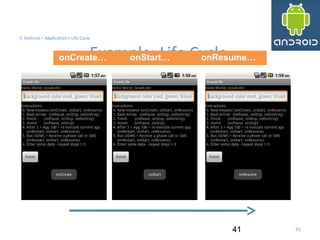 4141
3. Android – Application's Life Cycle
Example: Life Cycle
41
onCreate… onStart… onResume…
 
