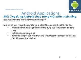 8
3. Android – Application's Life Cycle
Android Applications
M i ng d ng Android ch y trong m t ti n trình riêngỗ ứ ụ ạ ộ ế
(cùng v i th c th máy o Dalvik c a riêng nóớ ự ể ả ủ ).
M i khi có m t request c n đ c x lý b i m t component c th nào đó,ỗ ộ ầ ượ ử ở ộ ụ ể
• Android đ m b o r ng ti n trình ng d ng c a component đó đangả ả ằ ế ứ ụ ủ
ch y,ạ
• kh i đ ng nó n u c n, vàở ộ ế ầ
• đ m b o r ng có s n m t th c th (instance) c a component đó, n uả ả ằ ẵ ộ ự ể ủ ế
c n thì t o ra th c th đó.ầ ạ ự ể
8
 