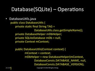 Database(SQLite) 
– 
OperaXons 
• DatabaseUXls.java 
public 
class 
DatabaseUXls 
{ 
private 
staXc 
final 
String 
TAG 
= 
DatabaseUXls.class.getSimpleName(); 
private 
DatabaseHelper 
mDbHelper; 
private 
SQLiteDatabase 
mDb 
= 
null; 
private 
Context 
mContext; 
public 
DatabaseUXls(Context 
context) 
{ 
mContext 
= 
context; 
mDbHelper 
= 
new 
DatabaseHelper(mContext, 
DatabaseConsts.DATABASE_NAME, 
null, 
DatabaseConsts.DATABASE_VERSION); 
2014/9/9} 
Copyright 
© 
2014 
MingHo 
Chang 
 