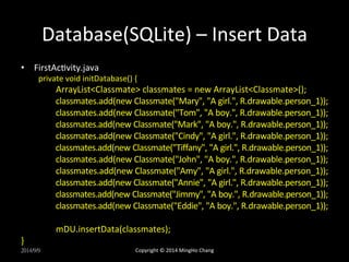Database(SQLite) 
– 
Insert 
Data 
• FirstAcXvity.java 
private 
void 
initDatabase() 
{ 
ArrayList<Classmate> 
classmates 
= 
new 
ArrayList<Classmate>(); 
classmates.add(new 
Classmate("Mary", 
"A 
girl.", 
R.drawable.person_1)); 
classmates.add(new 
Classmate("Tom", 
"A 
boy.", 
R.drawable.person_1)); 
classmates.add(new 
Classmate("Mark", 
"A 
boy.", 
R.drawable.person_1)); 
classmates.add(new 
Classmate("Cindy", 
"A 
girl.", 
R.drawable.person_1)); 
classmates.add(new 
Classmate("Tiffany", 
"A 
girl.", 
R.drawable.person_1)); 
classmates.add(new 
Classmate("John", 
"A 
boy.", 
R.drawable.person_1)); 
classmates.add(new 
Classmate("Amy", 
"A 
girl.", 
R.drawable.person_1)); 
classmates.add(new 
Classmate("Annie", 
"A 
girl.", 
R.drawable.person_1)); 
classmates.add(new 
Classmate("Jimmy", 
"A 
boy.", 
R.drawable.person_1)); 
classmates.add(new 
Classmate("Eddie", 
"A 
boy.", 
R.drawable.person_1)); 
mDU.insertData(classmates); 
} 
2014/9/9 
Copyright 
© 
2014 
MingHo 
Chang 
 