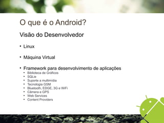 O que é o Android?
Visão do Desenvolvedor

Linux

Máquina Virtual

Framework para desenvolvimento de aplicações

Biblioteca de Gráficos

SQLie

Suporte a multimídia

Tecnologia GSM

Bluetooth, EDGE, 3G e WiFi

Câmera e GPS

Web Services

Content Providers
 