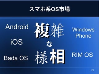 スマホ系OS市場


Android
          複雑         Windows
                      Phone
 iOS         な

Bada OS   様相         RIM OS

                          21
 