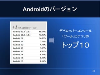 Androidのバージョン


        デベロッパーコンソール
         「ツール」カテゴリの


         トップ１０


                      30
 