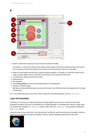 #
1. Border to indicate which regions are okay to stretch for width (horizontally).
For example, in a View that is wider than the image, the green stripes on the left- and right-hand sides of this 9-patch
can be stretched to fill the View. Places that can stretch are marked with black. Click to turn pixels black.
2. Border to indicate regions that are okay to stretch for height (vertically). For example, in a View that is taller then the
image, the green stripes on the top and bottom of this 9-patch can be stretched to fill the View.
3. Turn off pixels by shift-clicking (ctrl-click on Mac).
4. Stretchable area.
5. Not stretchable.
6. Check Show patches to preview the stretchable patches in the drawing area.
7. Previews of stretched image.
Tip: Make sure that stretchable regions are at least 2x2 pixels in size. Otherwise, they may disappear when the image
is scaled down.
For a more detailed discussion about how to create a 9-patch file with stretchable regions, see the 9-patch guide.
Layer list drawables
In Android you can build up an image by layering other images together, just as you can in Gimp and other image-
manipulation programs. Each layer is represented by an individual drawable. The drawables that make up a single image
are organized and managed in a <layer-list> element in XML. Within the <layer-list> , each drawable is represented
by an <item> element.
Layers are drawn on top of each other in the order defined in the XML file, which means that the last drawable in the list is
drawn on top. For example, this layer list drawable is made up of three drawables superimposed on each other:
5.1: Drawables, Styles, and Themes
212
 