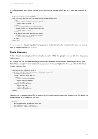 In the following XML, which defines this layer list, the android_blue image is defined last, so it's drawn last and shown on
top:
<?xml version="1.0" encoding="utf-8"?>
<layer-list xmlns:android="http://schemas.android.com/apk/res/android">
<item>
<bitmap android:src="@drawable/android_red"
android:gravity="center" />
</item>
<item android:top="10dp" android:left="10dp">
<bitmap android:src="@drawable/android_green"
android:gravity="center" />
</item>
<item android:top="20dp" android:left="20dp">
<bitmap android:src="@drawable/android_blue"
android:gravity="center" />
</item>
</layer-list>
A LayerDrawable is a drawable object that manages an array of other drawables. For more information about how to use a
layer list drawable, see the layer list guide.
Shape drawables
A shape drawable is a rectangle, oval, line, or ring that you define in XML. You specify the size and style of the shape using
XML attributes.
For example, this XML file creates a rectangle with rounded corners and a color gradient. The rectangle's fill color shifts
from white ( #000000 ) in the lower left corner to blue ( #0000dd) in the upper right corner. The angle attribute determines
how the gradient is tilted:
<?xml version="1.0" encoding="utf-8"?>
<shape xmlns:android="http://schemas.android.com/apk/res/android"
android:shape="rectangle">
<corners android:radius="8dp" />
<gradient
android:startColor="#000000"
android:endColor="#0000dd"
android:angle="45"/>
<padding android:left="7dp"
android:top="7dp"
android:right="7dp"
android:bottom="7dp" />
</shape>
Assuming that the shape drawable XML file is saved at res/drawable/gradient_box.xml, the following layout XML applies the
shape drawable as the background to a View:
<TextView
android:background="@drawable/gradient_box"
android:layout_height="wrap_content"
android:layout_width="wrap_content" />
5.1: Drawables, Styles, and Themes
213
 
