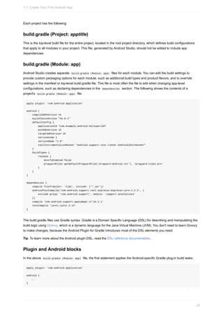 Each project has the following:
build.gradle (Project: apptitle)
This is the top-level build file for the entire project, located in the root project directory, which defines build configurations
that apply to all modules in your project. This file, generated by Android Studio, should not be edited to include app
dependencies.
build.gradle (Module: app)
Android Studio creates separate build.gradle (Module: app) files for each module. You can edit the build settings to
provide custom packaging options for each module, such as additional build types and product flavors, and to override
settings in the manifest or top-level build.gradle file. This file is most often the file to edit when changing app-level
configurations, such as declaring dependencies in the dependencies section. The following shows the contents of a
project's build.gradle (Module: app) file:
apply plugin: 'com.android.application'
android {
compileSdkVersion 24
buildToolsVersion "24.0.1"
defaultConfig {
applicationId "com.example.android.helloworld2"
minSdkVersion 15
targetSdkVersion 24
versionCode 1
versionName "1.0"
testInstrumentationRunner "android.support.test.runner.AndroidJUnitRunner"
}
buildTypes {
release {
minifyEnabled false
proguardFiles getDefaultProguardFile('proguard-android.txt'), 'proguard-rules.pro'
}
}
}
dependencies {
compile fileTree(dir: 'libs', include: ['*.jar'])
androidTestCompile('com.android.support.test.espresso:espresso-core:2.2.2', {
exclude group: 'com.android.support', module: 'support-annotations'
})
compile 'com.android.support:appcompat-v7:24.2.1'
testCompile 'junit:junit:4.12'
}
The build.gradle files use Gradle syntax. Gradle is a Domain Specific Language (DSL) for describing and manipulating the
build logic using Groovy, which is a dynamic language for the Java Virtual Machine (JVM). You don't need to learn Groovy
to make changes, because the Android Plugin for Gradle introduces most of the DSL elements you need.
Tip: To learn more about the Android plugin DSL, read the DSL reference documentation.
Plugin and Android blocks
In the above build.gradle (Module: app) file, the first statement applies the Android-specific Gradle plug-in build tasks:
apply plugin: 'com.android.application'
android {
...
}
1.1: Create Your First Android App
25
 