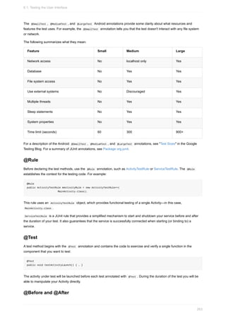The @SmallTest , @MediumTest , and @LargeTest Android annotations provide some clarity about what resources and
features the test uses. For example, the @SmallTest annotation tells you that the test doesn't interact with any file system
or network.
The following summarizes what they mean:
Feature Small Medium Large
Network access No localhost only Yes
Database No Yes Yes
File system access No Yes Yes
Use external systems No Discouraged Yes
Multiple threads No Yes Yes
Sleep statements No Yes Yes
System properties No Yes Yes
Time limit (seconds) 60 300 900+
For a description of the Android @SmallTest , @MediumTest , and @LargeTest annotations, see "Test Sizes" in the Google
Testing Blog. For a summary of JUnit annotations, see Package org.junit.
@Rule
Before declaring the test methods, use the @Rule annotation, such as ActivityTestRule or ServiceTestRule. The @Rule
establishes the context for the testing code. For example:
@Rule
public ActivityTestRule mActivityRule = new ActivityTestRule<>(
MainActivity.class);
This rule uses an ActivityTestRule object, which provides functional testing of a single Activity—in this case,
MainActivity.class .
ServiceTestRule is a JUnit rule that provides a simplified mechanism to start and shutdown your service before and after
the duration of your test. It also guarantees that the service is successfully connected when starting (or binding to) a
service.
@Test
A test method begins with the @Test annotation and contains the code to exercise and verify a single function in the
component that you want to test:
@Test
public void testActivityLaunch() { … }
The activity under test will be launched before each test annotated with @Test . During the duration of the test you will be
able to manipulate your Activity directly.
@Before and @After
6.1: Testing the User Interface
263
 