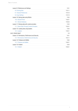 1.5.1
1.5.1.1
1.5.1.2
1.5.1.3
1.5.2
1.5.2.1
1.5.2.2
1.5.3
1.5.3.1
1.5.4
1.5.4.1
1.6
1.6.1
1.6.1.1
1.6.2
1.6.2.1
1.6.3
1.6.3.1
Lesson 9: Preferences and Settings
9.0: Storing Data
9.1: Shared Preferences
9.2: App Settings
Lesson 10: Storing data using SQLite
10.0: SQLite Primer
10.1: SQLite Database
Lesson 11: Sharing data with content providers
11.1: Share Data Through Content Providers
Lesson 12: Loading data using loaders
12.1: Loaders
Unit 5. What's Next?
Lesson 13: Permissions, Performance and Security
13.1: Permissions, Performance and Security
Lesson 14: Firebase and AdMob
14.1: Firebase and AdMob
Lesson 15: Publish!
15.1: Publish!
Table of Contents
3
 