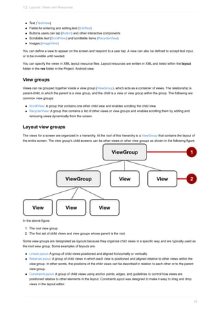 Text (TextView)
Fields for entering and editing text (EditText)
Buttons users can tap (Button) and other interactive components
Scrollable text (ScrollView) and scrollable items (RecyclerView)
Images (ImageView)
You can define a view to appear on the screen and respond to a user tap. A view can also be defined to accept text input,
or to be invisible until needed.
You can specify the views in XML layout resource files. Layout resources are written in XML and listed within the layout
folder in the res folder in the Project: Android view.
View groups
Views can be grouped together inside a view group (ViewGroup), which acts as a container of views. The relationship is
parent-child, in which the parent is a view group, and the child is a view or view group within the group. The following are
common view groups:
ScrollView: A group that contains one other child view and enables scrolling the child view.
RecyclerView: A group that contains a list of other views or view groups and enables scrolling them by adding and
removing views dynamically from the screen.
Layout view groups
The views for a screen are organized in a hierarchy. At the root of this hierarchy is a ViewGroup that contains the layout of
the entire screen. The view group's child screens can be other views or other view groups as shown in the following figure.
In the above figure:
1. The root view group.
2. The first set of child views and view groups whose parent is the root.
Some view groups are designated as layouts because they organize child views in a specific way and are typically used as
the root view group. Some examples of layouts are:
LinearLayout: A group of child views positioned and aligned horizontally or vertically.
RelativeLayout: A group of child views in which each view is positioned and aligned relative to other views within the
view group. In other words, the positions of the child views can be described in relation to each other or to the parent
view group.
ConstraintLayout: A group of child views using anchor points, edges, and guidelines to control how views are
positioned relative to other elements in the layout. ConstraintLayout was designed to make it easy to drag and drop
views in the layout editor.
1.2: Layouts, Views and Resources
34
 