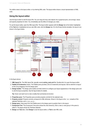 You define views in the layout editor, or by entering XML code. The layout editor shows a visual representation of XML
code.
Using the layout editor
Use the layout editor to edit the layout file. You can drag and drop view objects into a graphical pane, and arrange, resize,
and specify properties for them. You immediately see the effect of changes you make.
To use the layout editor, open the XML layout file. The layout editor appears with the Design tab at the bottom highlighted.
(If the Text tab is highlighted and you see XML code, click the Design tab.) For the Empty Activity template, the layout is as
shown in the figure below.
In the figure above:
1. XML layout file. The XML layout file, typically named activiy_main.xml file. Double-click it to open the layout editor.
2. Palette of UI elements (views). The Palette pane provides a list of UI elements and layouts. Add an element or layout
to the UI by dragging it into the design pane.
3. Design toolbar. The design pane toolbar provides buttons to configure your layout appearance in the design pane and
to edit the layout properties. See the figure below for details.
Tip: Hover over each icon to view a tooltip that summarizes its function.
4. Properties pane. The Properties pane provides property controls for the selected view.
5. Property control. Property controls correspond to XML attributes. Shown in the figure is the Text property of the
selected TextView, set to Hello World! .
6. Design pane. Drag views from the Palette pane to the design pane to position them in the layout.
7. Component Tree. The Component Tree pane shows the view hierarchy. Click a view or view group in this pane to
select it. The figure shows the TextView selected.
8. Design and Text tabs. Click Design to see the layout editor, or Text to see XML code.
1.2: Layouts, Views and Resources
36
 