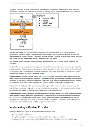 To give you a picture of the whole content provider architecture, this section shows and summarizes all the parts of the
implemented content provider architecture, as shown in the following diagram. Each part will be discussed in detail next.
Data and Open Helper: The data repository. The data could be in a database, a file, on the internet, generated
dynamically, or even a mix of these. For example, if you had a dictionary app, the base dictionary could be stored in a
SQLite database on the user's device. If a definition is not in the database, it could get fetched from the internet, and if that
fails, too, the app could ask the user to provide a definition or check their spelling.
Data used with content providers is commonly stored in SQLite databases, and the content provider API mirrors this
assumption.
Contract: The contract is a public class that exposes important information about the content provider to other apps. This
usually includes the URI schemes, important constants, and the structure of the data that will be returned. For example, for
the hat inventory app, the contract could expose the names of the columns that contain the price and name of a product,
and the URI for retrieving an inventory item by part number.
Content Provider: The content provider extends the ContentProvider class and provides query(), insert(), update(), and
delete() methods for accessing the data. In addition, it provides a public and secure interface to the data, so that other apps
can access the data with the appropriate permissions. For example, to get inventory information from your app's database,
the retail hat app would connect to the content provider, not to the database directly, as that is not permitted.
The app that owns the data specifies what permissions other apps need to have to work with the content provider. For
example, if you have an app that provides inventory to retail stores, your app owns the data and determines the access
permissions of other apps to the data. Permissions are specified in the Android Manifest.
Content Resolver: Content providers are always accessed through a content resolver. Think of the content resolver as a
helper class that manages all the details of connecting to a content provider for you. Mirroring the content provider's API,
the ContentResolver object provides you with query(), insert(), update(), and delete() methods for accessing data of a
content provider. For example, to get get all the inventory items that are red hats, a hat store app would build a query for
red hats, and use a content resolver to send that query to the content provider.
Implementing a Content Provider
Referring to the previous diagram, to implement a content provider you need:
Data, for example, in a database.
A way for accessing the data storage, for example, through an open helper for a database.
A declaration of your content provider in the Android Manifest to make it available to your own and other apps.
11.1: Share Data Through Content Providers
372
 