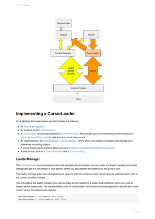 Implementing a CursorLoader
An application that uses loaders typically includes the following:
An Activity or Fragment.
An instance of the LoaderManager.
A CursorLoader to load data backed by a ContentProvider. Alternatively, you can implement your own subclass of
Loader or AsyncTaskLoader to load data from some other source.
An implementation for LoaderManager.LoaderCallbacks. This is where you create new loaders and manage your
references to existing loaders.
A way of displaying the loader's data, such as a SimpleCursorAdapter or RecyclerViewAdapter.
A data source, such as a ContentProvider (with a CursorLoader).
LoaderManager
The LoaderManager is a convenience class that manages all your loaders. You only need one loader manager per activity
and typically get it in onCreate() of your activity, where you also register the loaders you are going to use.
The loader manager takes care of registering an observer with the content provider, which receives callbacks when data in
the content provider changes.
The only calls to the loader manager you need to make are for registering a loader, and restarting it when you need to
discard all the loaded data. The first parameter is the ID of the loader, the second is optional arguments, and the third is the
context where the callbacks are defined.
getLoaderManager().initLoader(0, null, this);
getLoaderManager().restartLoader(0, null, this);
12.1: Loaders
383
 