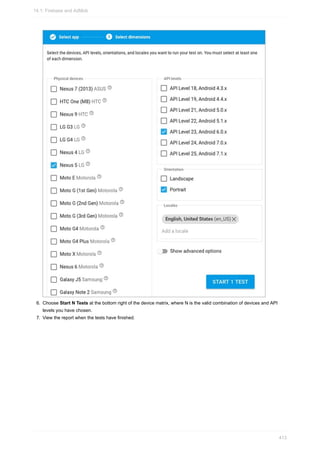 6. Choose Start N Tests at the bottom right of the device matrix, where N is the valid combination of devices and API
levels you have chosen.
7. View the report when the tests have finished.
14.1: Firebase and AdMob
413
 