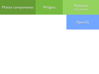 Muitos componentes   Widgets   Multitask
                               (de verdade)



                                OpenGL
 