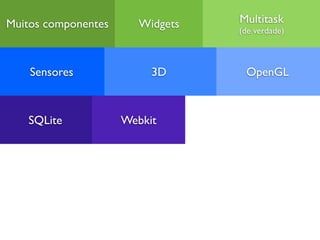 Muitos componentes      Widgets   Multitask
                                  (de verdade)



    Sensores              3D       OpenGL



   SQLite            Webkit
 