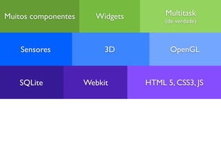 Muitos componentes      Widgets        Multitask
                                       (de verdade)



    Sensores              3D            OpenGL



   SQLite            Webkit       HTML 5, CSS3, JS
 
