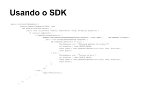 Usando o SDK
public void postToFacebook(){
Session.openActiveSession(this, true,
new Session.StatusCallback() {
public void call(Session session, SessionState state, Exception exception) {
if (session.isOpened()) {
if (hasPublishPermission()) {
Request.executeStatusUpdateRequestAsync(session, "Teste UNASP",
new Request.Callback() {
public void onCompleted(Response response) {
if (response.getError() == null) {
CharSequence text = "Mensagem postada com sucesso!";
int duration = Toast.LENGTH_SHORT;
Toast toast = Toast.makeText(MainActivity.this, text, duration);
toast.show();
} else {
CharSequence text = "Ocorreu um erro.";
int duration = Toast.LENGTH_SHORT;
Toast toast = Toast.makeText(MainActivity.this, text, duration);
toast.show();
}
}
});
} else {
requirePermission();
}
}
}
});
}

 