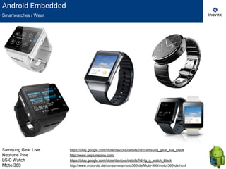 Android Embedded
Smartwatches / Wear
Samsung Gear Live https://play.google.com/store/devices/details?id=samsung_gear_live_black
Neptune Pine http://www.neptunepine.com/
LG-G Watch https://play.google.com/store/devices/details?id=lg_g_watch_black
Moto 360 http://www.motorola.de/consumers/moto360-de/Moto-360/moto-360-de.html
 