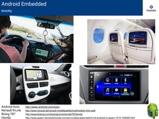 Android Embedded
Mobility
Android Auto http://www.android.com/auto/
Renault R-Link http://www.renault.de/renault-modellpalette/multimedia/r-link-wall/
Boing 787 http://www.boeing.com/boeing/commercial/787family/
Honda http://www.golem.de/news/honda-connect-nvidias-tegra-faehrt-mit-android-in-japan-1410-109590.html
 