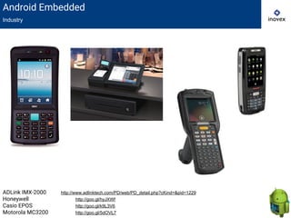 Android Embedded
Industry
ADLink IMX-2000 http://www.adlinktech.com/PD/web/PD_detail.php?cKind=&pid=1229
Honeywell http://goo.gl/hyJXWf
Casio EPOS http://goo.gl/k9L3V6
Motorola MC3200 http://goo.gl/5dOVL7
 
