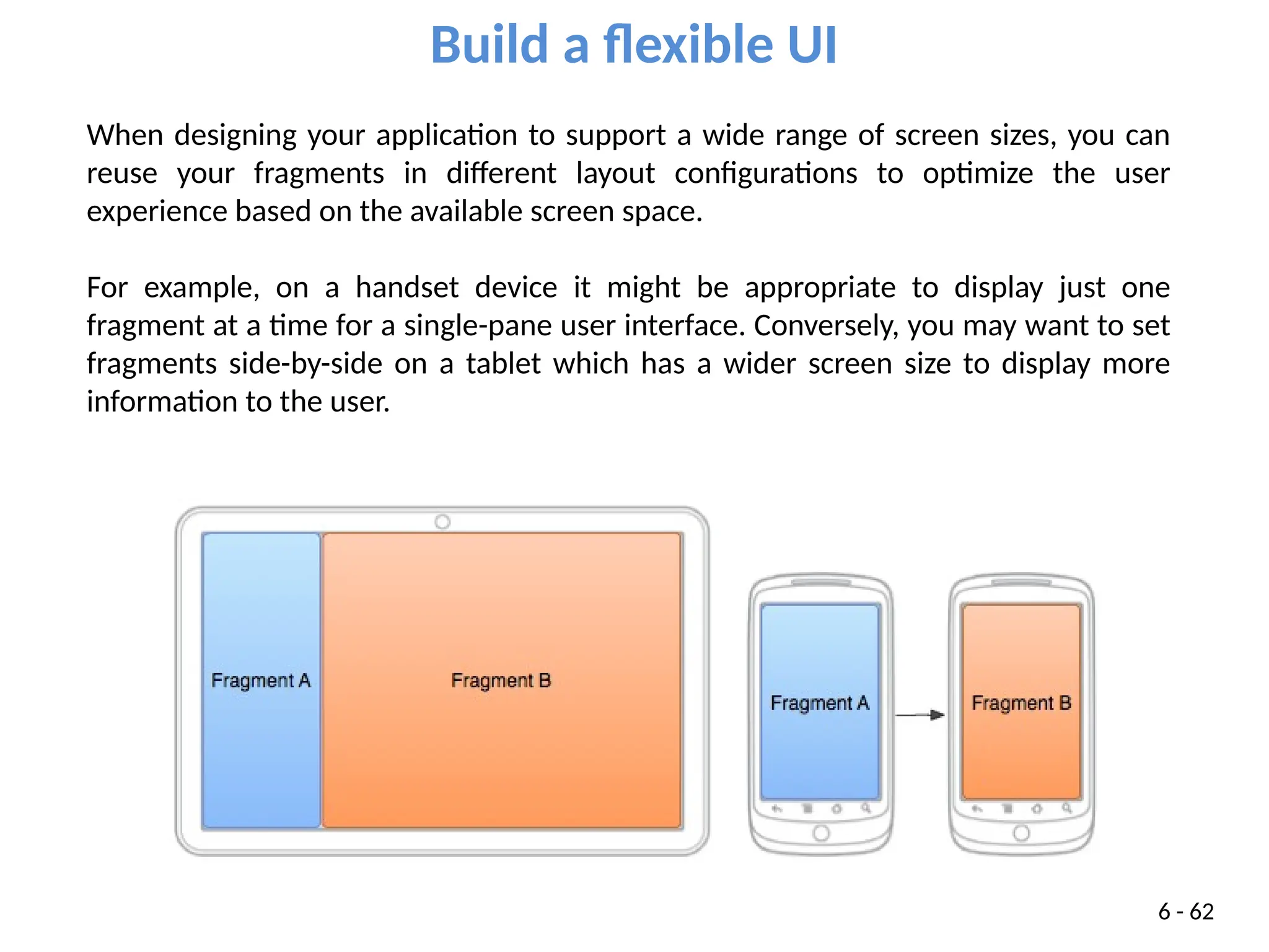 Build a flexible UI
6 - 62
When designing your application to support a wide range of screen sizes, you can
reuse your fragments in different layout configurations to optimize the user
experience based on the available screen space.
For example, on a handset device it might be appropriate to display just one
fragment at a time for a single-pane user interface. Conversely, you may want to set
fragments side-by-side on a tablet which has a wider screen size to display more
information to the user.
 