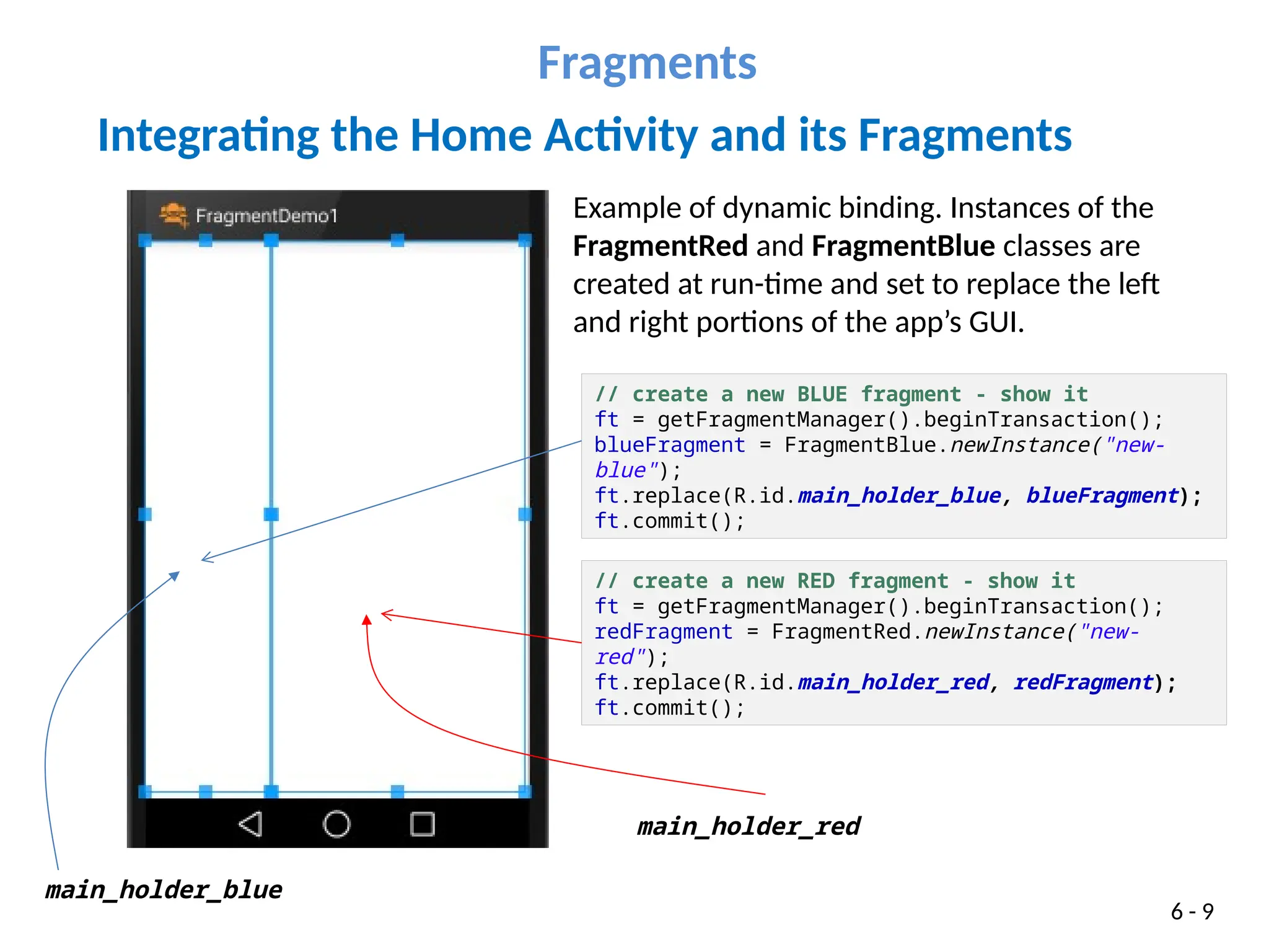 Integrating the Home Activity and its Fragments
// create a new RED fragment - show it
ft = getFragmentManager().beginTransaction();
redFragment = FragmentRed.newInstance("new-
red");
ft.replace(R.id.main_holder_red, redFragment);
ft.commit();
Fragments
6 - 9
main_holder_red
main_holder_blue
// create a new BLUE fragment - show it
ft = getFragmentManager().beginTransaction();
blueFragment = FragmentBlue.newInstance("new-
blue");
ft.replace(R.id.main_holder_blue, blueFragment);
ft.commit();
Example of dynamic binding. Instances of the
FragmentRed and FragmentBlue classes are
created at run-time and set to replace the left
and right portions of the app’s GUI.
 