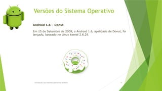 Versões do Sistema Operativo
Introdução aos sistemas operativos-Android 14
Android 1.6 – Donut
Em 15 de Setembro de 2009, o Android 1.6, apelidado de Donut, foi
lançado, baseado no Linux kernel 2.6.29.
 