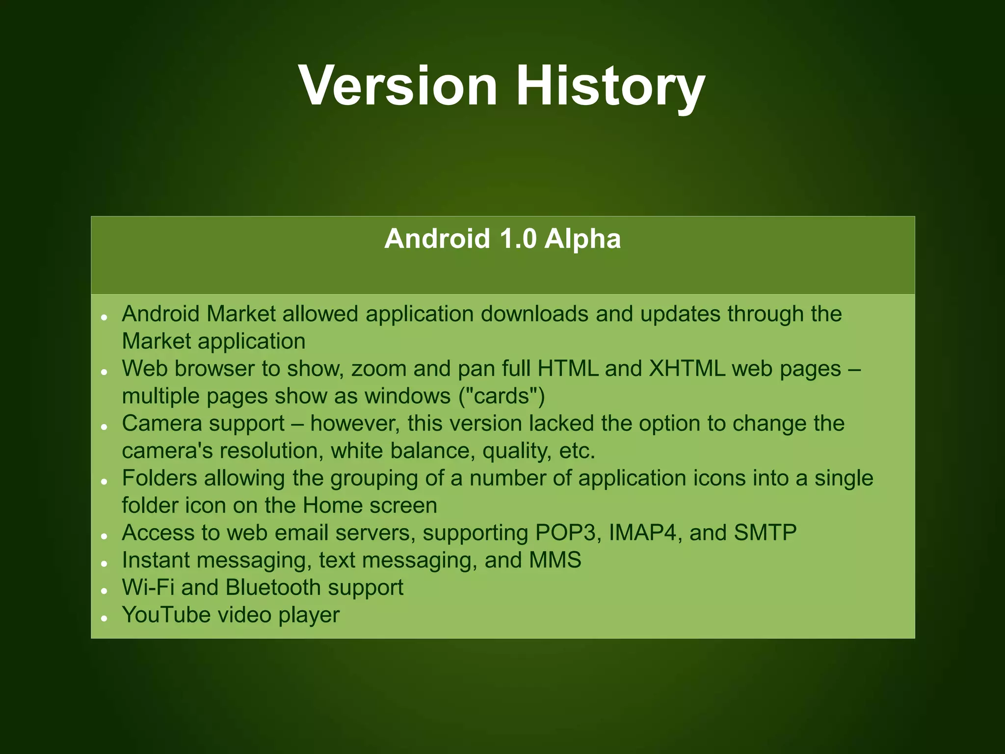 Version History
Android 1.0 Alpha
 Android Market allowed application downloads and updates through the
Market application
 Web browser to show, zoom and pan full HTML and XHTML web pages –
multiple pages show as windows ("cards")
 Camera support – however, this version lacked the option to change the
camera's resolution, white balance, quality, etc.
 Folders allowing the grouping of a number of application icons into a single
folder icon on the Home screen
 Access to web email servers, supporting POP3, IMAP4, and SMTP
 Instant messaging, text messaging, and MMS
 Wi-Fi and Bluetooth support
 YouTube video player
 
