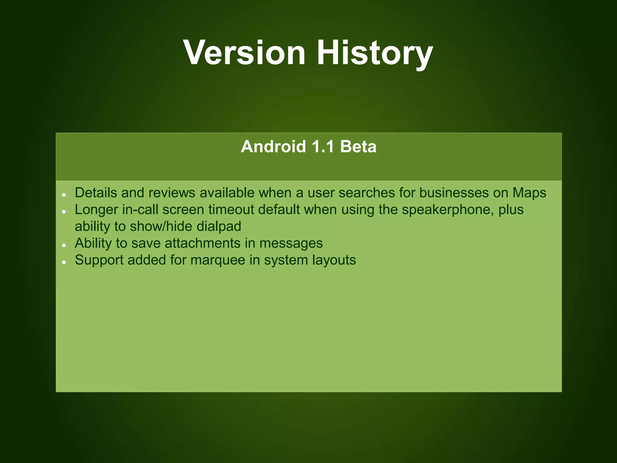 Version History
Android 1.1 Beta
 Details and reviews available when a user searches for businesses on Maps
 Longer in-call screen timeout default when using the speakerphone, plus
ability to show/hide dialpad
 Ability to save attachments in messages
 Support added for marquee in system layouts
 