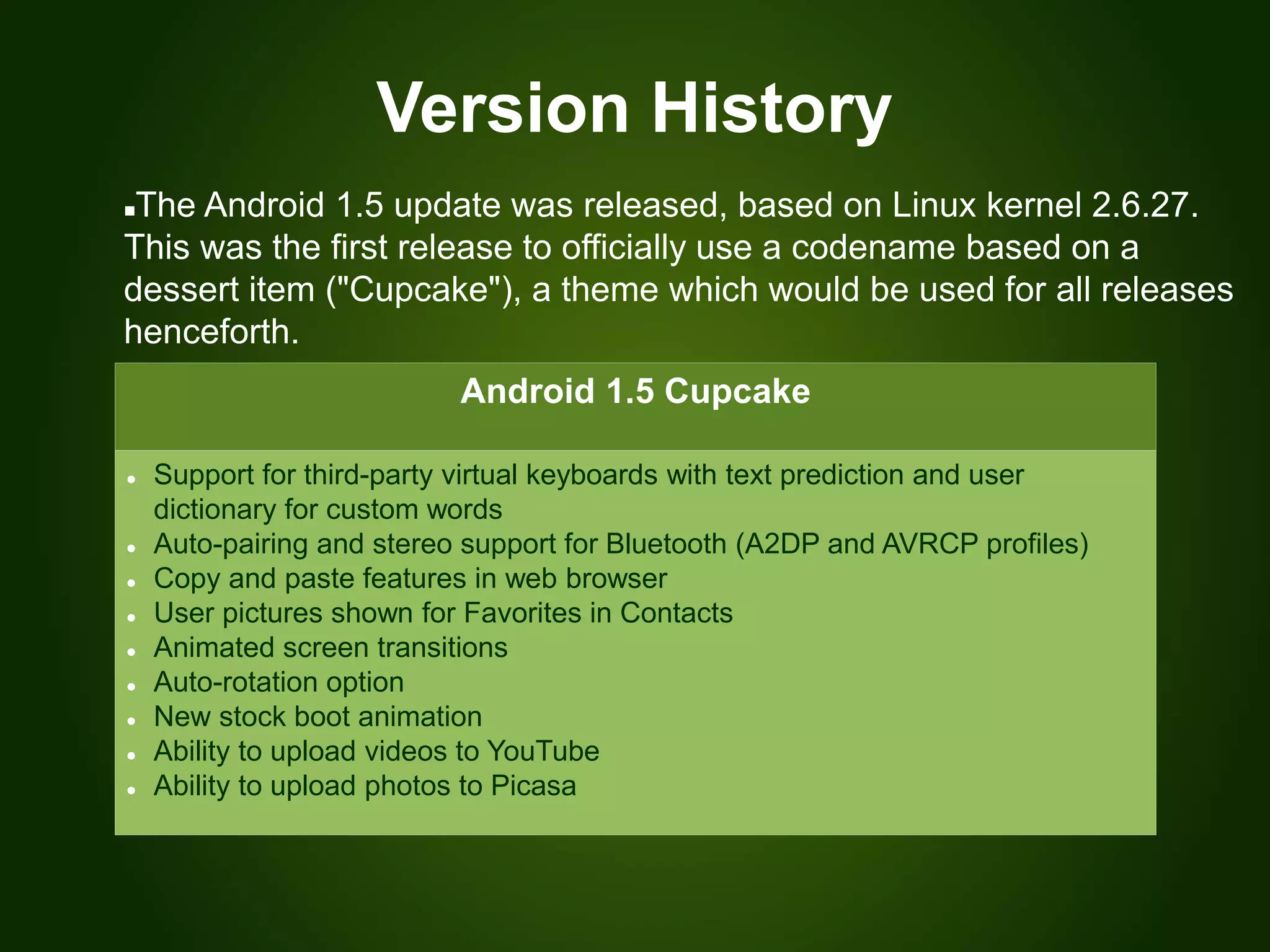 Version History
Android 1.5 Cupcake
 Support for third-party virtual keyboards with text prediction and user
dictionary for custom words
 Auto-pairing and stereo support for Bluetooth (A2DP and AVRCP profiles)
 Copy and paste features in web browser
 User pictures shown for Favorites in Contacts
 Animated screen transitions
 Auto-rotation option
 New stock boot animation
 Ability to upload videos to YouTube
 Ability to upload photos to Picasa
The Android 1.5 update was released, based on Linux kernel 2.6.27.
This was the first release to officially use a codename based on a
dessert item ("Cupcake"), a theme which would be used for all releases
henceforth.
 
