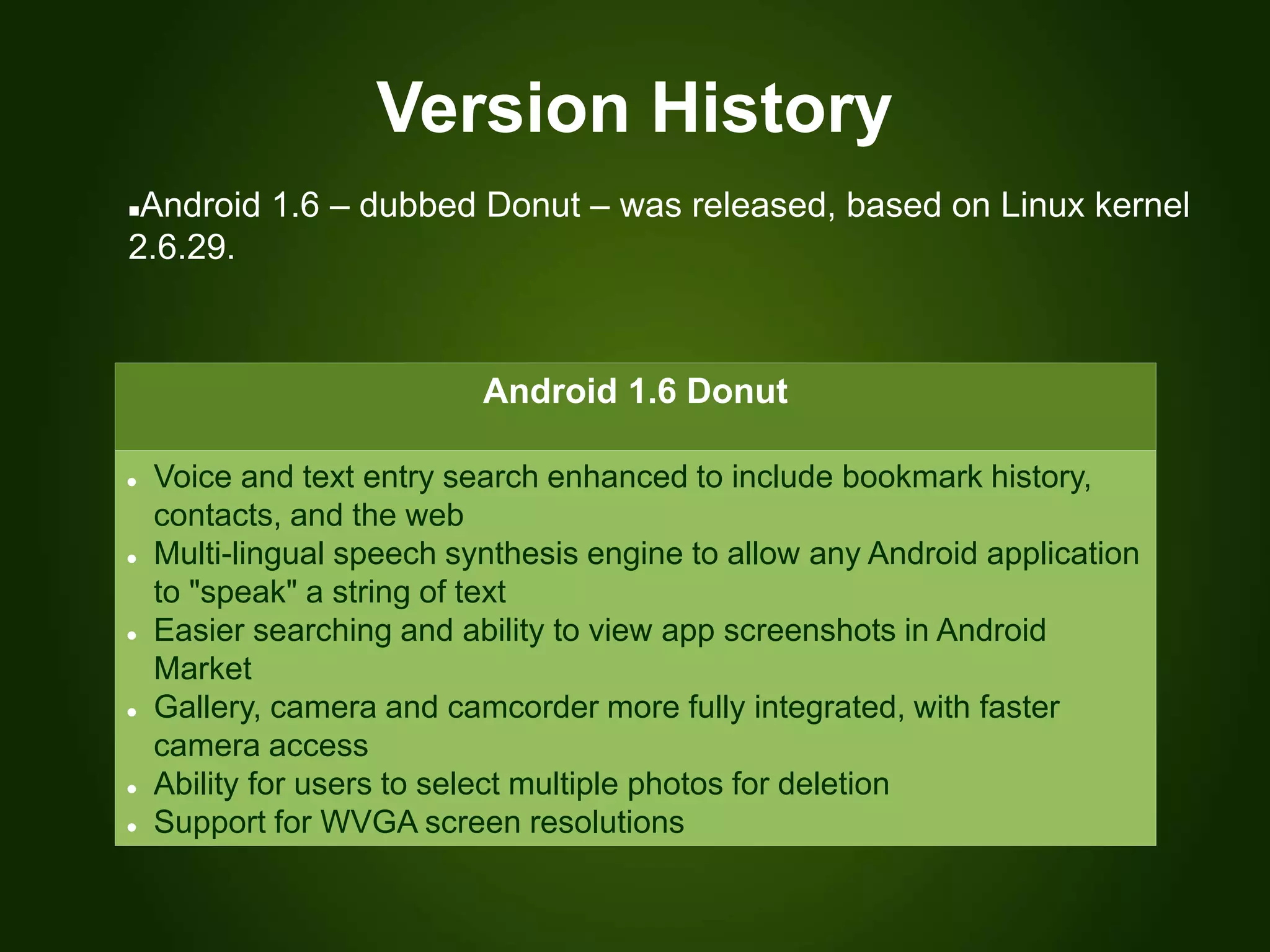 Version History
Android 1.6 Donut
 Voice and text entry search enhanced to include bookmark history,
contacts, and the web
 Multi-lingual speech synthesis engine to allow any Android application
to "speak" a string of text
 Easier searching and ability to view app screenshots in Android
Market
 Gallery, camera and camcorder more fully integrated, with faster
camera access
 Ability for users to select multiple photos for deletion
 Support for WVGA screen resolutions
Android 1.6 – dubbed Donut – was released, based on Linux kernel
2.6.29.
 