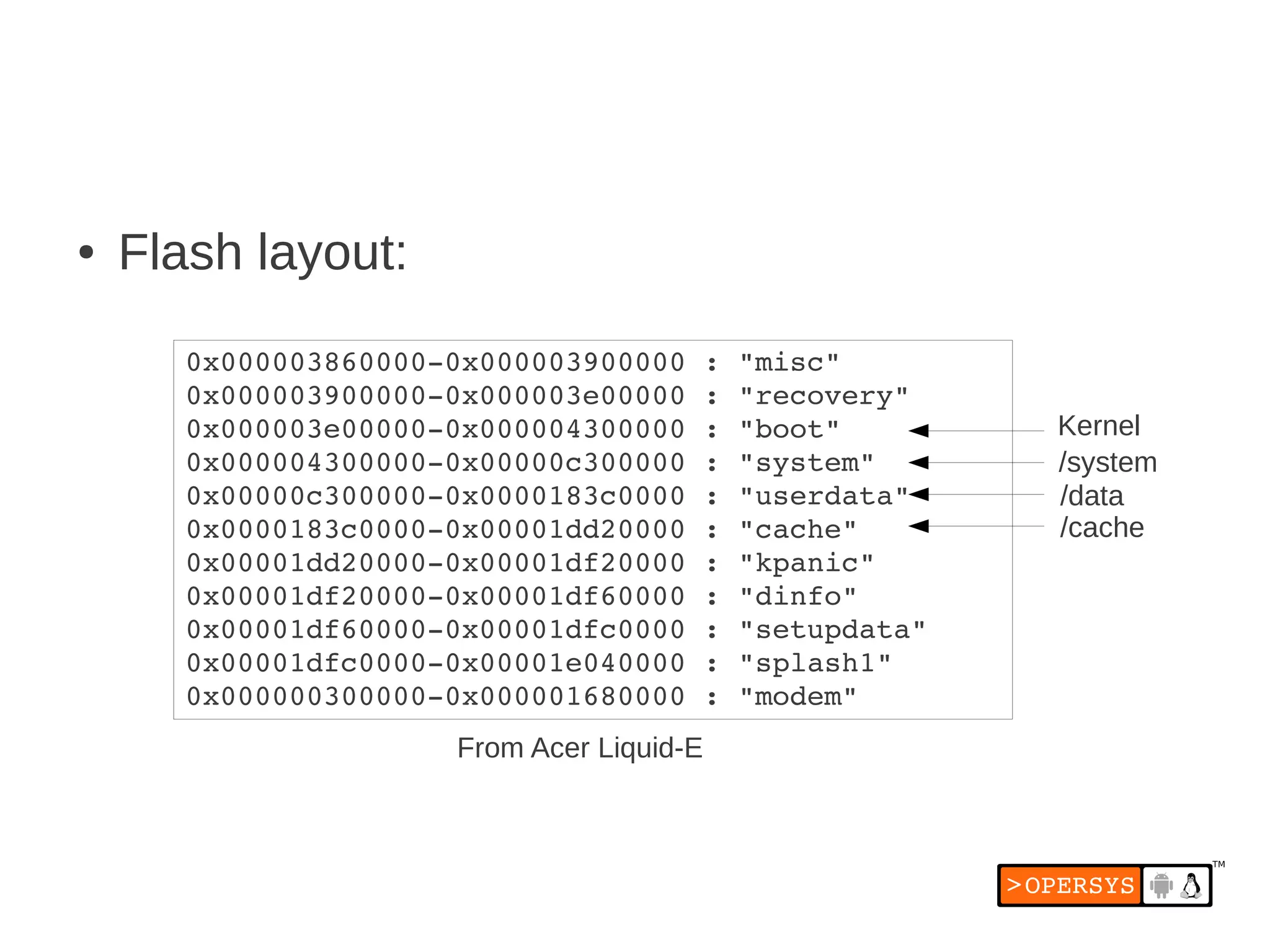 ●   Flash layout:
       0x000003860000­0x000003900000 : "misc"
       0x000003900000­0x000003e00000 : "recovery"
       0x000003e00000­0x000004300000 : "boot"        Kernel
       0x000004300000­0x00000c300000 : "system"      /system
       0x00000c300000­0x0000183c0000 : "userdata"    /data
       0x0000183c0000­0x00001dd20000 : "cache"       /cache
       0x00001dd20000­0x00001df20000 : "kpanic"
       0x00001df20000­0x00001df60000 : "dinfo"
       0x00001df60000­0x00001dfc0000 : "setupdata"
       0x00001dfc0000­0x00001e040000 : "splash1"
       0x000000300000­0x000001680000 : "modem"
                      From Acer Liquid-E
 