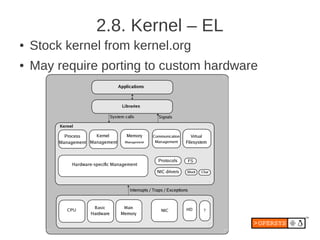 2.8. Kernel – EL
●   Stock kernel from kernel.org
●   May require porting to custom hardware
 