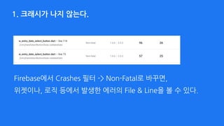 1. 크래시가 나지 않는다.
Firebase에서 Crashes 필터 -> Non-Fatal로 바꾸면,  
위젯이나, 로직 등에서 발생한 에러의 File & Line을 볼 수 있다.
 
