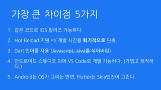 가장 큰 5가지
1. 같은 코드로 iOS 릴리즈 가능하다.
2. Hot Reload 지원 => 개발 시간을 획기적으로 단축.
3. Dart 언어를 사용 (Javascript, Java를 섞어버린)
4. 안드로이드 스튜디오 외에 VS Code로 개발 가능하다. (가볍고 쾌적하
다.)
5. Android는 OS가 그리는 반면, Flutter는 Skia엔진이 그린다.
차이점
 