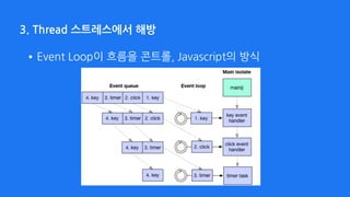 3. Thread 스트레스에서 해방
•Event Loop이 흐름을 콘트롤, Javascript의 방식
 