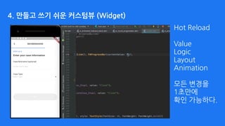 Hot Reload
Value 
Logic  
Layout
Animation
모든 변경을
1초만에
확인 가능하다.
4. 만들고 쓰기 쉬운 커스텀뷰 (Widget)
 