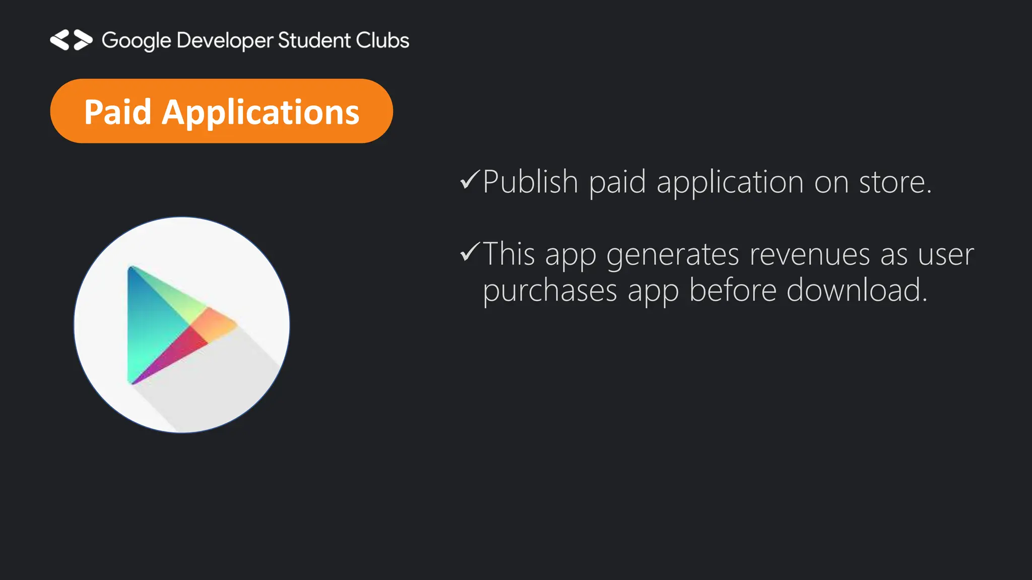 Publish paid application on store. This app generates revenues as user purchases app before download. Paid Applications 