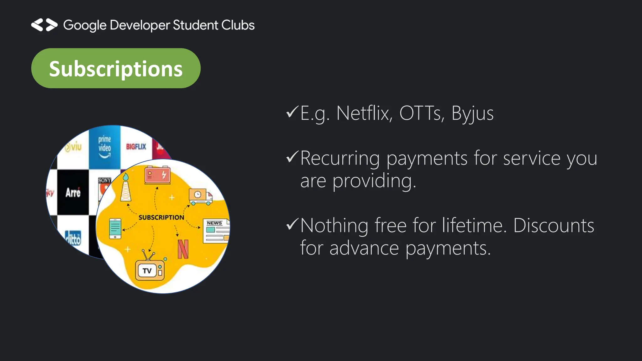E.g. Netflix, OTTs, Byjus Recurring payments for service you are providing. Nothing free for lifetime. Discounts for advance payments. Subscriptions 