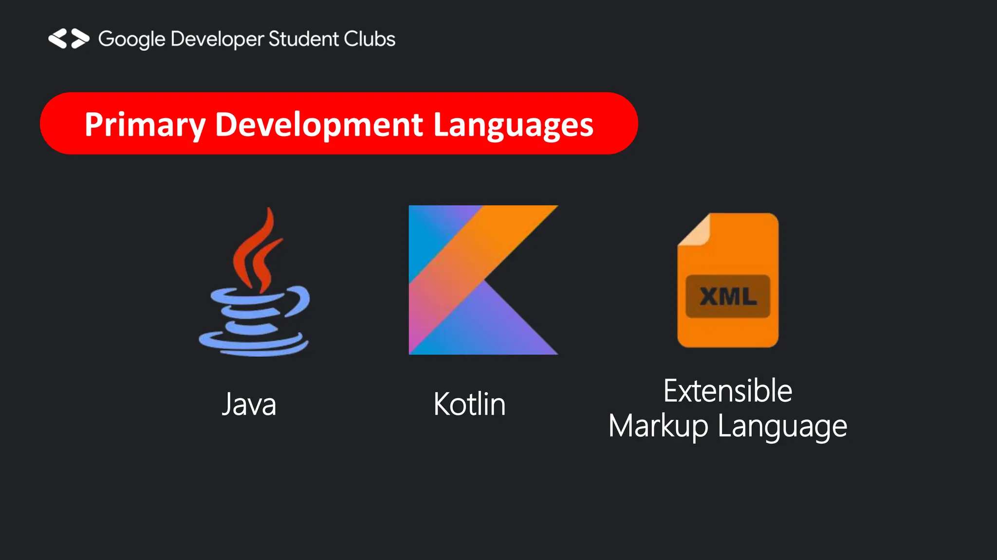 Primary Development Languages Java Kotlin Extensible Markup Language 