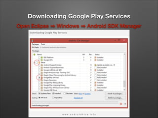 Downloading Google Play Services
Open Eclipse

Windows

Android SDK Manager

 