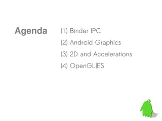 Agenda   (1) Binder IPC
         (2) Android Graphics
         (3) 2D and Accelerations
         (4) OpenGL|ES
 
