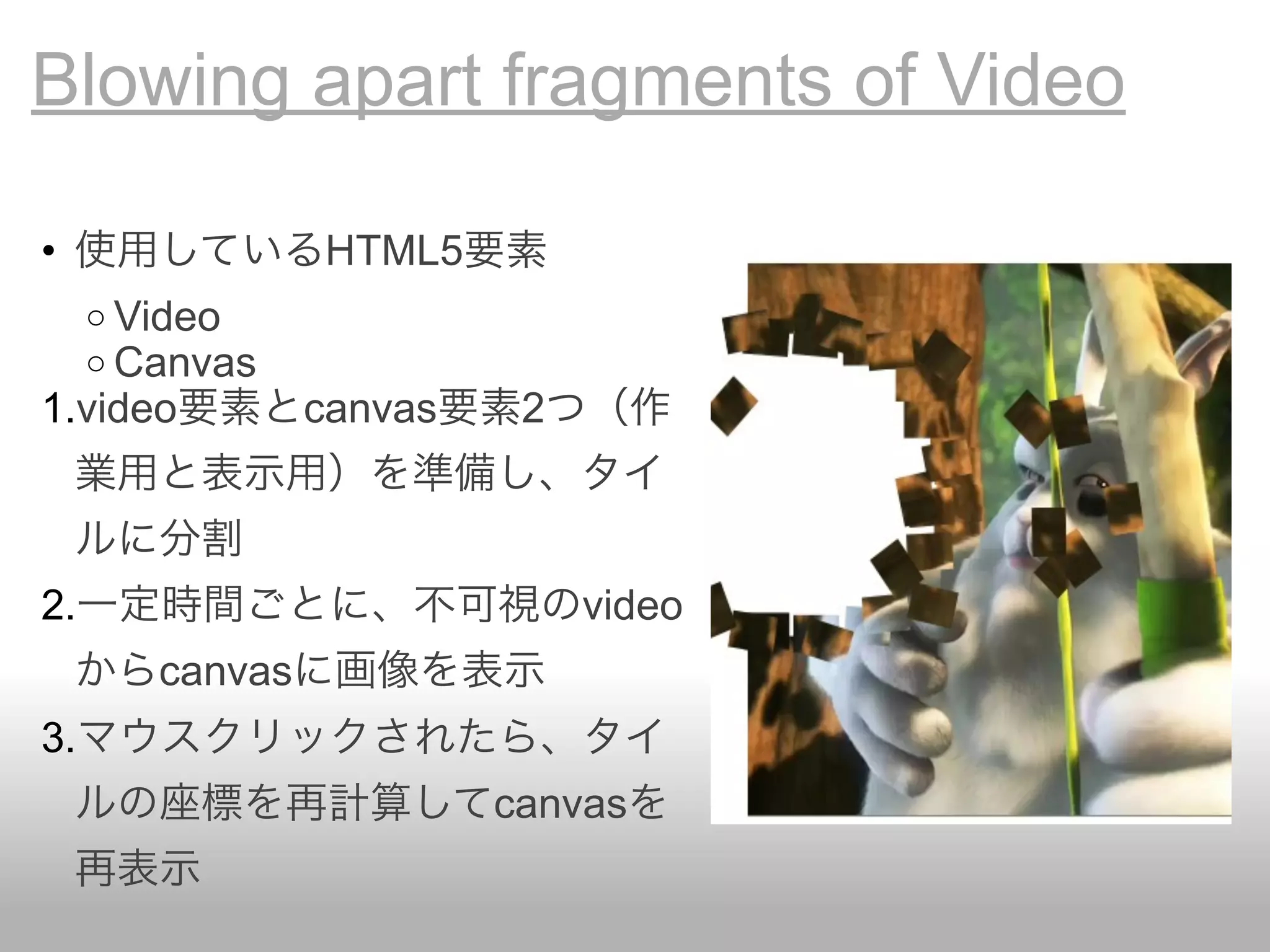 Blowing apart fragments of Video

•                HTML5
     o Video
     o Canvas
1.video          canvas    2



2.                             video
        canvas
3.
                          canvas
 