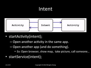 Intent 
• startAcUvity(intent); 
– Open 
another 
acUvity 
in 
the 
same 
app. 
– Open 
another 
app 
(and 
do 
something). 
• Ex: 
Open 
browser, 
show 
map, 
take 
picture, 
call 
someone… 
• startService(intent); 
2014/9/9 
Copyright 
© 
2014 
MingHo 
Chang 
 